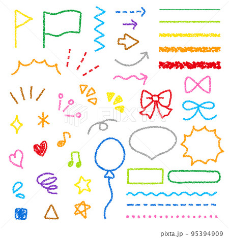 カラフルなクレヨン素材 手描きイラスト装飾セット いろいろの