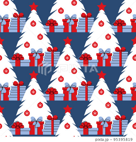 Seamless pattern with decorated Christmas tree. Balls and gifts. Festive flat style design for packaging and print. Vector 95395819