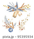 Watercolor bouquet, Christmas decorative composition. Winter holiday decorations. New Year illustration. Traditional floral composition. Greeting card. 95395934
