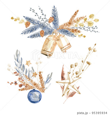 Watercolor bouquet, Christmas decorative composition. Winter holiday decorations. New Year illustration. Traditional floral composition. Greeting card. 95395934