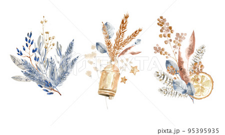 Watercolor bouquet, Christmas decorative composition. Winter holiday decorations. New Year illustration. Traditional floral composition. Greeting card. 95395935