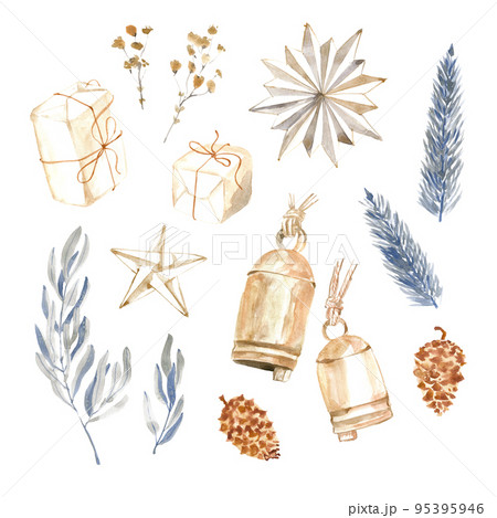 Watercolor collection, Christmas decorative elements. Winter holiday decorations. New Year illustration. Traditional floral objects. Greeting card. Watercolor collection, Christmas decorative elements. Winter holiday decorations. New Year illustration. Traditional floral objects. Greeting card. 95395946