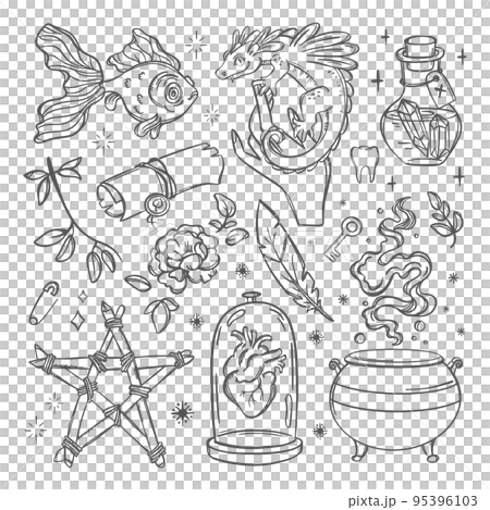 WITCHCRAFT ACCESSORIES Love Magic Alchemic Monochrome Elements Astrology Esoteric Occult Doodle Sketch Hand Drawn Mystery Object Symbols For Design Creatives WITCHCRAFT ACCESSORIES Love Magic Alchemic Monochrome Elements Astrology Esoteric Occult Doodle Sketch Hand Drawn Mystery Object Symbols For Design Creatives 95396103