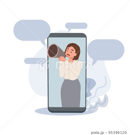 internet advertisement. a woman shouting in loud speaker came out from smartphone. Influencer marketing,vector illustration. 95396120