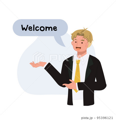 Happy businessman gesturing welcome sign. Vector illustration 95396121