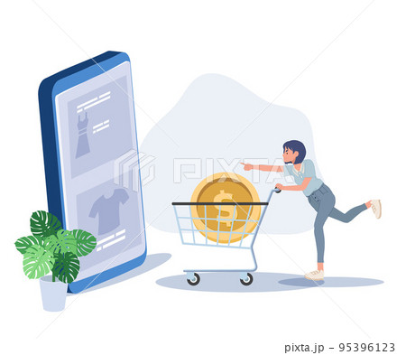 Woman running with shopping cart to online shop,  E-commerce and online shopping concept. Vector illustration. 95396123