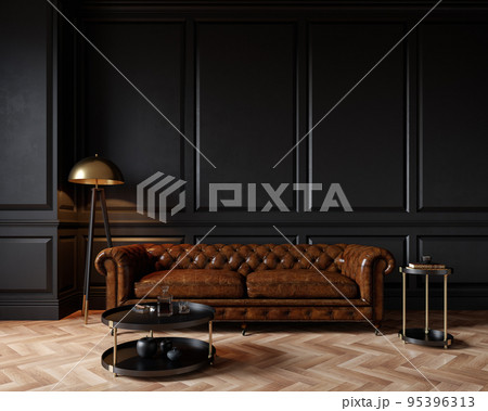 Modern classic black interior with capitone brown leather chester sofa, floor lamp, coffee table, wood floor, mouldings. 3d render illustration mockup. 95396313