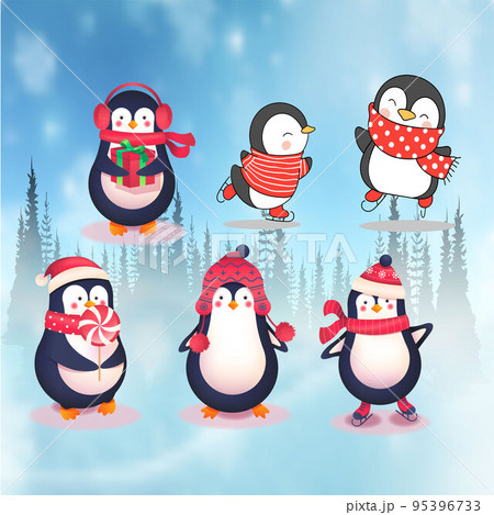 Penguins christmas penguin characters in winter vector 95396733