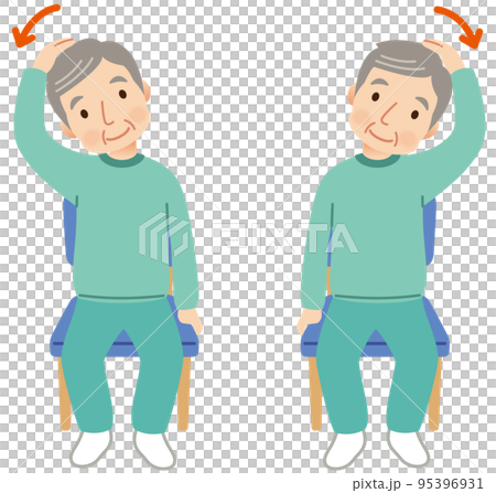 椅子に座って首の体操をする高齢者　介護　健康 95396931