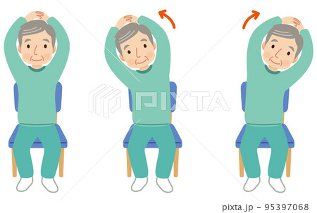 椅子に座って肩の体操をする高齢者 介護 健康のイラスト素材