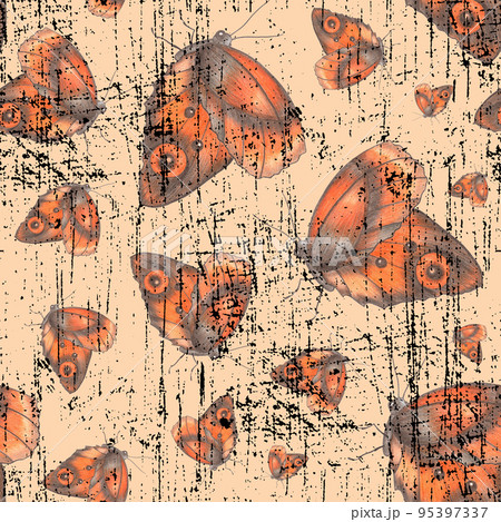 Retro Butterflies of Various Sizes on Orange Background. Retro Seamless Pattern with Butterfly. Retro Butterflies of Various Sizes on Orange Background. Retro Seamless Pattern with Butterfly. 95397337