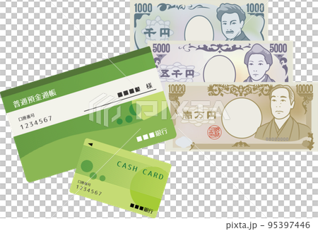 銀行存摺、現金卡和現金（舊鈔）的示意圖 95397446