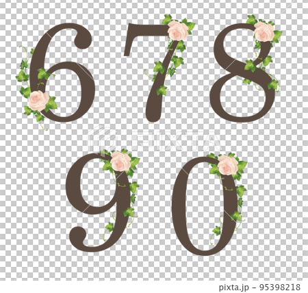 ピンクの薔薇とアイビーの飾り文字　数字6～0 95398218