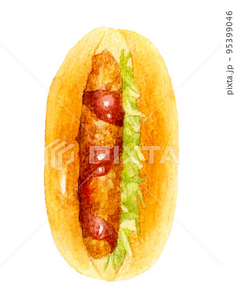 コロッケパン（コッペパンサンド）　パンの手描き水彩イラスト素材 95399046