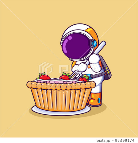 The astronaut is hungry and going to eat a big strawberry pancake with a fork 95399174