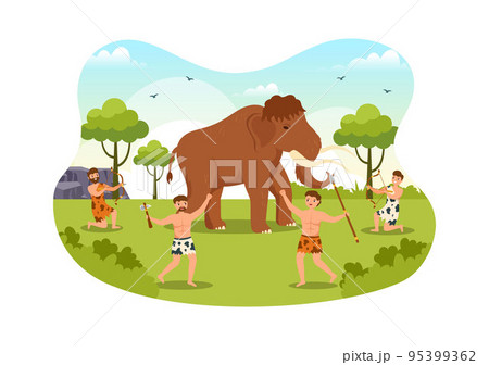 Prehistoric Stone Age Tribes Hunting Large Animals with Weapon in Flat Cartoon Hand Drawing Template Illustration 95399362