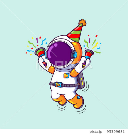 The happy astronaut is holding the confetti and celebrating the special party  95399681