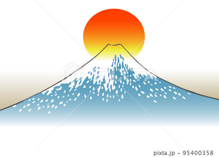 富士山と初日の出の浮世絵風のイラスト はがきサイズ のイラスト素材