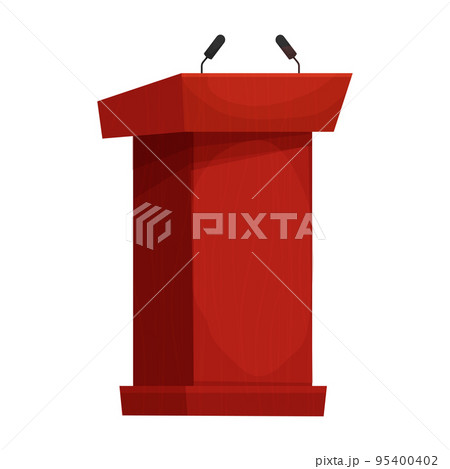 Wooden speech tribune, orator podium with microphone in cartoon style isolated on white background. 95400402