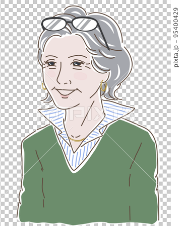 Illustration of a gray-haired woman with glasses on her head 95400429