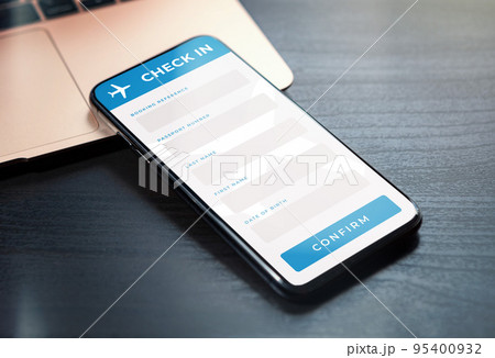 Airline online check-in application form. Self-registration and obtaining boarding pass for quick access to the flight at the airport concept Airline online check-in application form. Self-registration and obtaining boarding pass for quick access to the flight at the airport concept 95400932