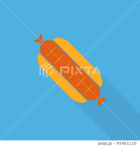 Hot dog icon with long shadow. Icon hot dog isolated on blue background. Street food icon. Fast food logo for menu cafeteria, pub, restaurant. Vector illustration in flat design 95401120