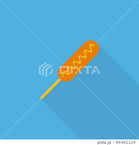 Hot dog icon with long shadow. Icon corn dog isolated on blue background. Street food icon. Fast food logo for menu cafeteria, pub, restaurant. Vector illustration in flat design 95401124