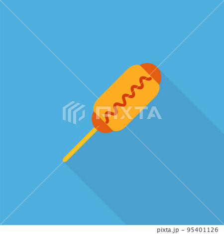 Hot dog icon with long shadow. Icon corn dog isolated on blue background. Street food icon. Fast food logo for menu cafeteria, pub, restaurant. Vector illustration in flat design 95401126