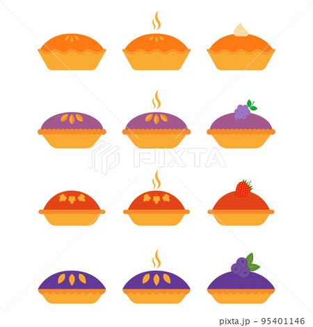 Pie icon set. Pie of different types isolated on white background. Colored pie with pumpkin, strawberry, blueberry, blackberry. Logo for menu cafeteria, website. Vector illustration in flat design 95401146