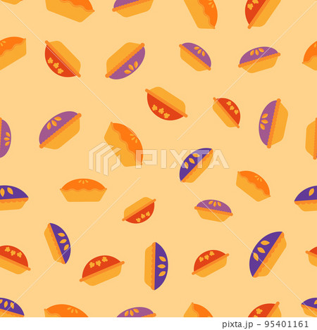 Pie seamless pattern. Pie of different types on yellow background. Colored pie with pumpkin, strawberry, blueberry, blackberry. Design for fabric, wrapping paper, wallpaper. Vector illustration 95401161