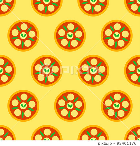 Pizza seamless pattern. Margherita pizza icon on yellow background. Fast food icon in flat design. Modern design for print on wrapping paper, wallpaper, fabric, packing. Vector illustration 95401176