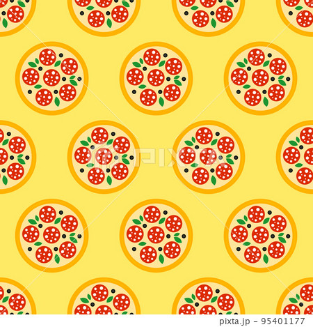 Pizza seamless pattern. Salami pizza icon on yellow background. Fast food icon in flat design. Modern design for print on wrapping paper, wallpaper, fabric, packing. Vector illustration Pizza seamless pattern. Salami pizza icon on yellow background. Fast food icon in flat design. Modern design for print on wrapping paper, wallpaper, fabric, packing. Vector illustration 95401177