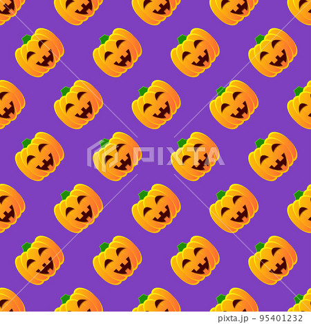 Halloween pumpkin seamless pattern. Colorful halloween pumpkin lanterns on purple background. Halloween background with funny face pumpkin. Design for print wrapping paper, fabric. Vector illustration Halloween pumpkin seamless pattern. Colorful halloween pumpkin lanterns on purple background. Halloween background with funny face pumpkin. Design for print wrapping paper, fabric. Vector illustration 95401232