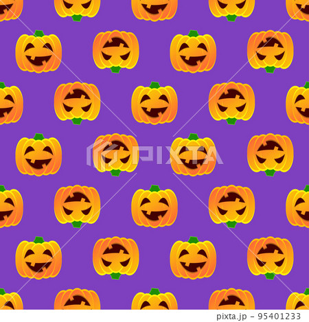 Halloween pumpkin seamless pattern. Colorful halloween pumpkin lanterns on purple background. Halloween background with funny face pumpkin. Design for print wrapping paper, fabric. Vector illustration Halloween pumpkin seamless pattern. Colorful halloween pumpkin lanterns on purple background. Halloween background with funny face pumpkin. Design for print wrapping paper, fabric. Vector illustration 95401233
