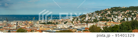 Panoramic View of Trieste, Italy. Over 2000 of sails boat in the Adriatic sea during the Barcolana regatta 2017. The Biggest sail boat regata in the world. 95401329