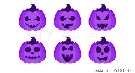 Pixel art halloween pumpkin icon set. 8 bit pumpkin in retro style. Halloween pumpkin lanterns isolated on white background. Template for banner, poster, party invitation. Vector illustration 95401546