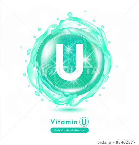 Vitamin U green shining pill capsule. Vitamin complex with Chemical formula.  95402577