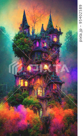 Halloween magical fairytale haunted treehouse castle with a colorful background. 95402589