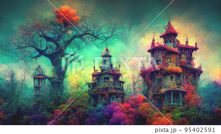 Halloween magical fairytale haunted treehouse castle with a colorful background. 95402591