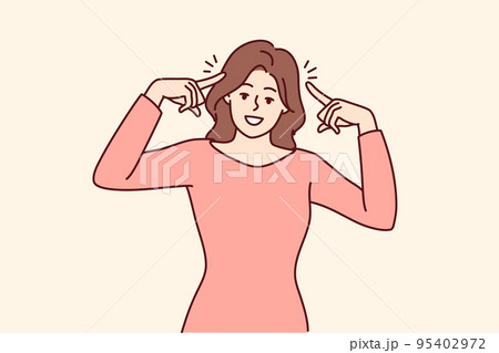 Smiling woman point at head 95402972