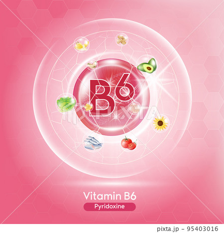 Pink vitamin B6. Medicine capsule. Fruits and vegetables that neutralize free radicals. With chemical formula.  95403016