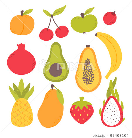 A set of delicious fruits. Collection of hand drawn fruits. Banana, papaya, dragon fruit, mango, avocado, pineapple. Flat style. Vector illustration. A set of delicious fruits. Collection of hand drawn fruits. Banana, papaya, dragon fruit, mango, avocado, pineapple. Flat style. Vector illustration. 95403104