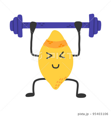 Cute lemon with dumbbells. Sports, hobbies, exercise. Lemon character. Vector lemon in kawaii style. Sports healthy lemon. The concept of doing sports. 95403106