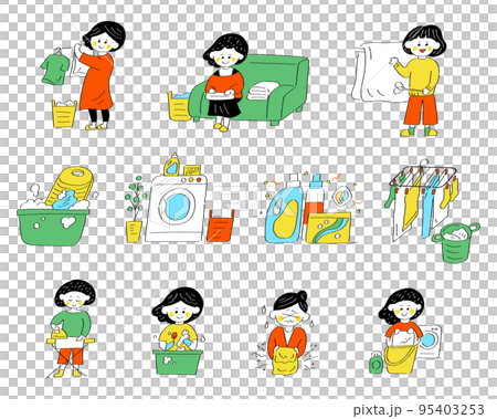 Illustration of a woman doing laundry and cleaning 95403253