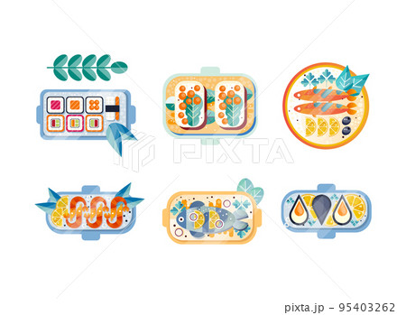 Plates with Different Seafood Like Carp, Sushi, Oyster and Shrimp Flat Vector Set 95403262