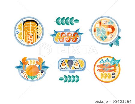 Plates with Different Seafood Like Crab, Salmon, Oyster and Shrimp Flat Vector Set 95403264