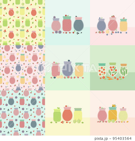 Set of vegetables, fruits, berries in jars on a table, and seamless patterns 95403564