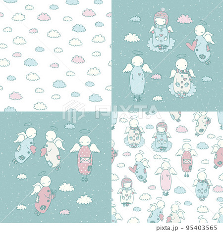Set of cute doodle angels and seamless patterns 95403565