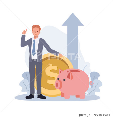 Piggy bank money savings concept. Businessman showing thumb up gesture near big golden coin and piggy bank. Arrow up rise. Vector illustration Piggy bank money savings concept. Businessman showing thumb up gesture near big golden coin and piggy bank. Arrow up rise. Vector illustration 95403584