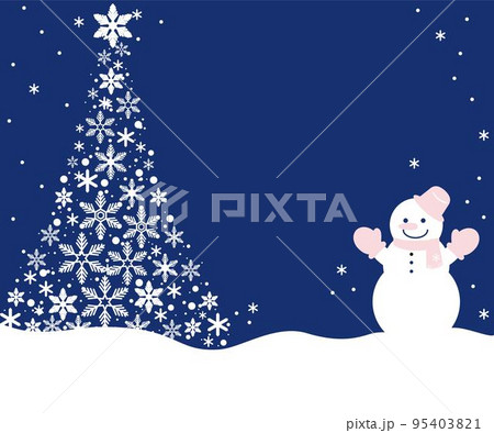 雪だるまと雪の結晶の背景　フレーム　冬　雪　かわいい　シンプル　コピースペース　イラスト素材 95403821